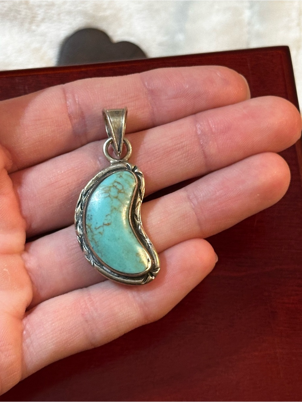 Turquoise Crescent Sterling Pendant - Blue Green Stone